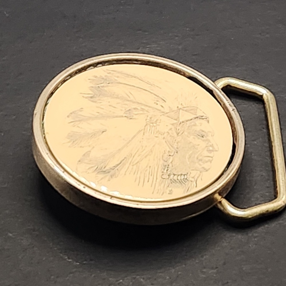VTG 1981 Barlow Solid‎ Brass & Ceramic Belt Buckle  Native American Chief